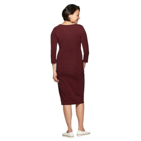 Isabel Maternity Midi Dress Women's Small Red Black Stretchy Striped Shirred NEW - Picture 9 of 9